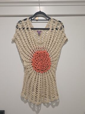 Olivia M Cream Crochet Openwork Tunic - Size Small